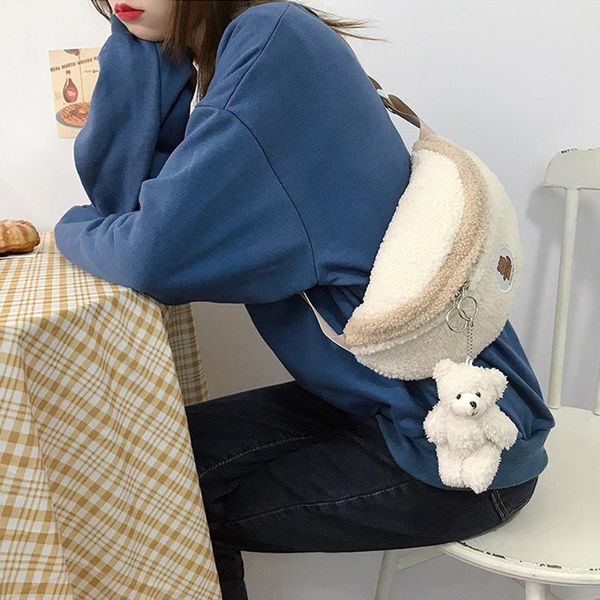 

duffel bags women plush chest bag cute bear shoulder soft cloth fabric purse half moon lovely lamb like crossbody for girls