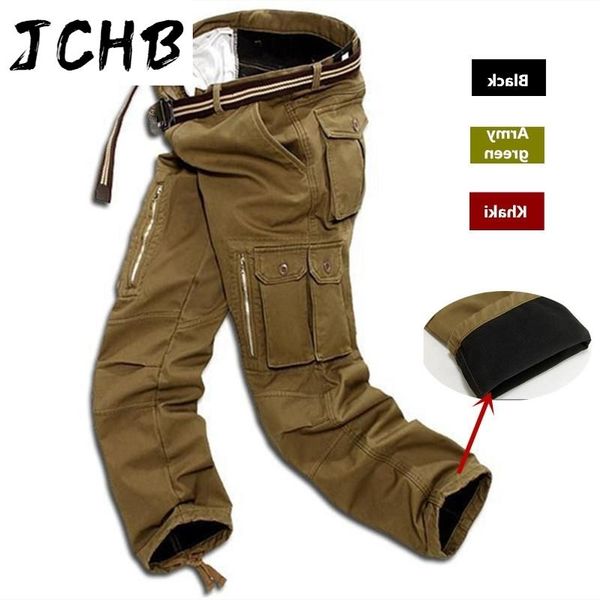 

men's pants fleece men cargo winter thick warm full length multi pocket casual baggy tactical trousers plus size 29-40, Black