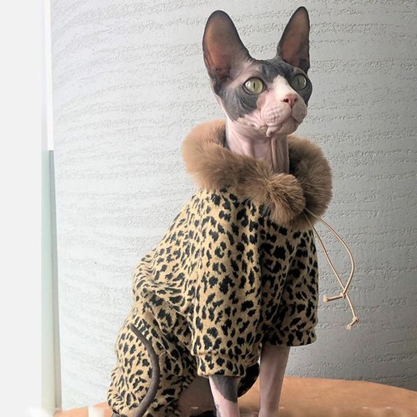 

cat costumes pet clothes jacket hairless sweater dog leopard print plus velvet four-legged jumpsuit one-piece fur collar