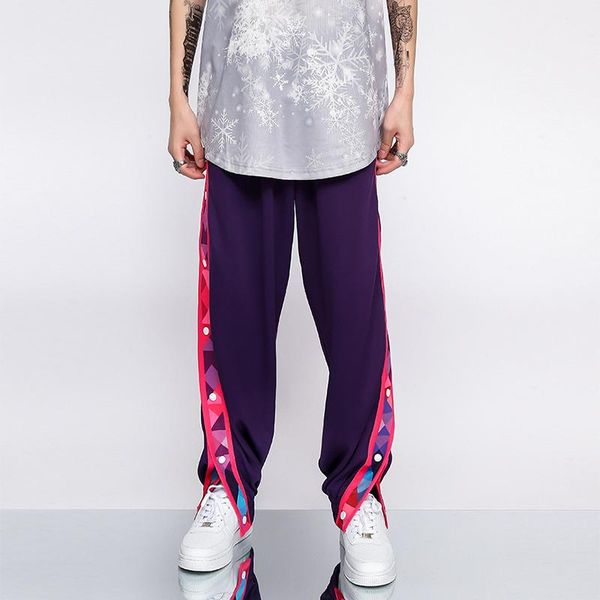 

men's pants hip hop harem joggers men side buttons color block cargo fashion trousers track streetwear loose casual full length, Black