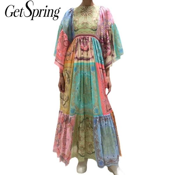 

getspring women dress retro printed es flare sleeve patchwork large hem maxi high waist loose long summer es 210601, Black;gray