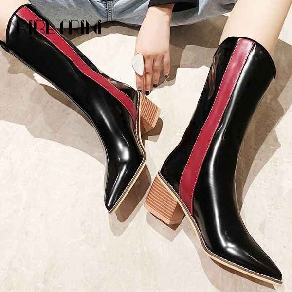 

ribetrini fashion women patent leather motorcyle boots 2019 wooden heel pointed toe shoes woman microfiber mid calf boots winter boots n6hv#, Black