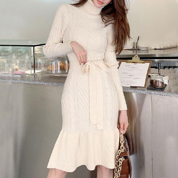 

casual dresses elegant korean style mermaid dress women turtleneck lace-up pullover sweater office ladies wear simple knitted robes chic, Black;gray