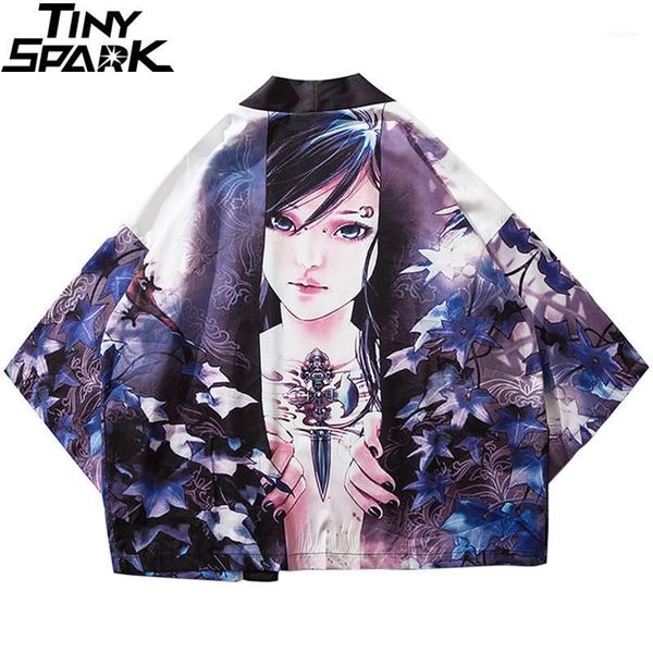 

men's jackets 2021 harajuku kimono jacket japanese cartoon girl printed hip hop men streetwear summer thin japan style clothing loose1, Black;brown