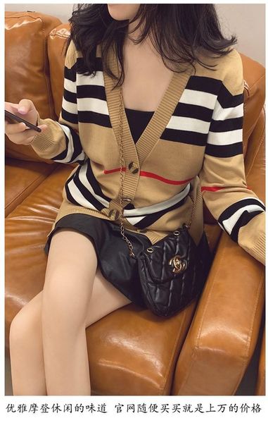 

women's early spring and autumn sweater loose sweater cardigan casual large size women's jacket striped outer, White