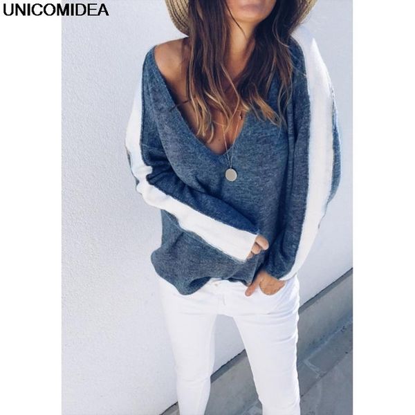 

women's sweaters deep v neck autumn winter women sweater knitted solid striped long sleeve loose pullover blusas de inverno feminina, White;black