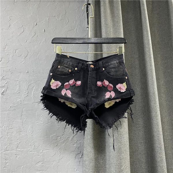 

women's jeans black denim shorts summer 2021 embroidery hem wide legs a- line pants korean woman ultra short, Blue