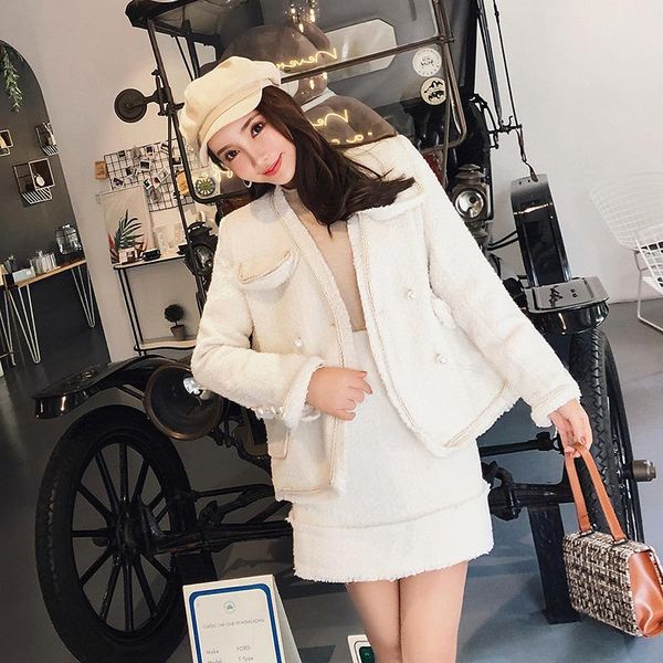 

two piece dress autumn winter elegant women's sets tweed wool tassel jacket coat + skirt suit women set and 2, White