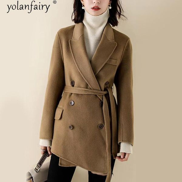 

women's wool & blends yolanfairy winter antumn women coat with belt korean style elegant fashion ladies coats and jackets abrigo mujer, Black