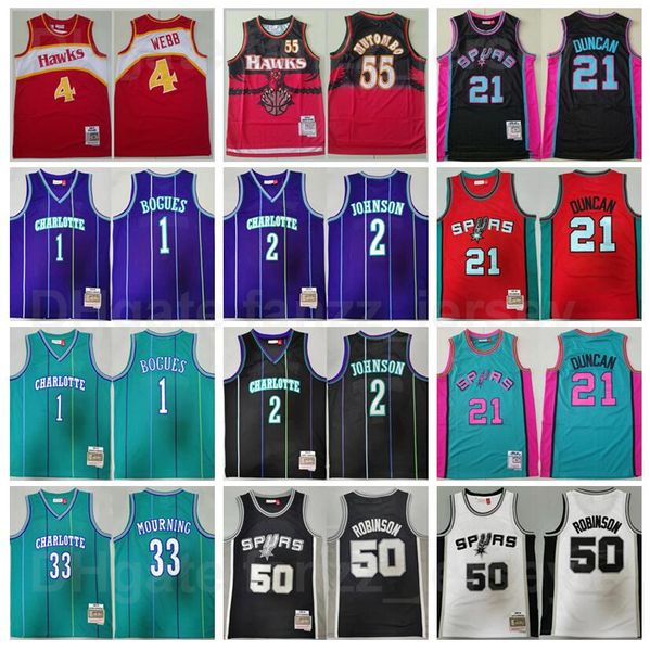 

retro mitchell ness basketball spud webb jersey 4 tyrone muggsy bogues 1 larry johnson 2 alonzo mourning 33 tim duncan 21 david robinson 50, Black;red