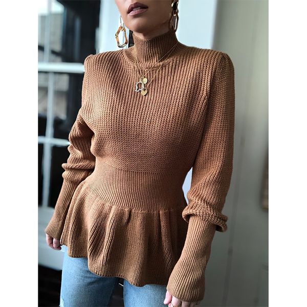 

2021 new autumn winter casual turtleneck knitted sweaters women solid flare sleeve sweater pullovers slim knitwear qyoy, White;black