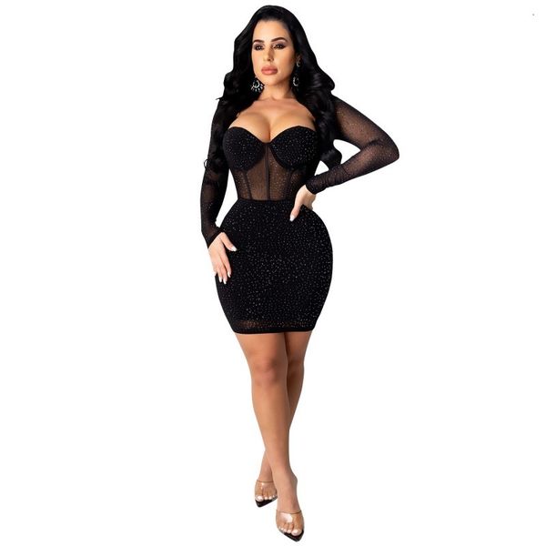 

black short for women square turtlenecks bodycon pencil with diamond 2021 mesh shreds clubwear outfits dress on2v, Black;gray