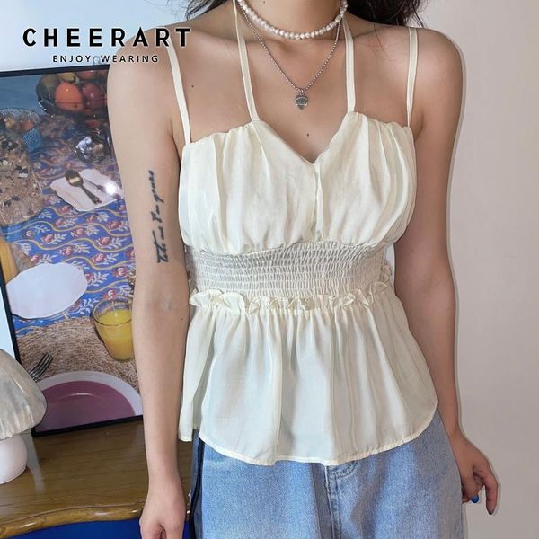 

women's tanks & camis cheerart backless halter neck women 2021 beige black ruched spaghetti strap halterneck cami peplum korean fashion, White