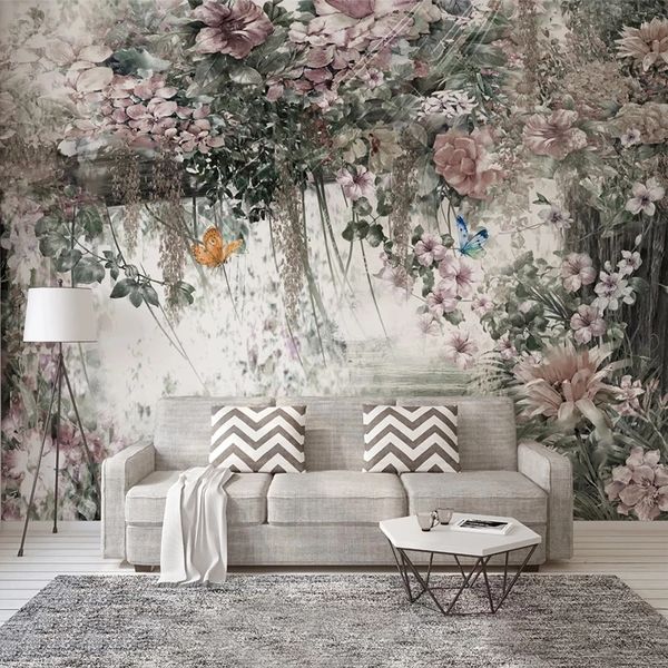 Kundenspezifische europäische Art Retro Wandbild Tapete 3D Aquarell Rebe Blumen Malerei Wohnzimmer TV Kreative Wasserdicht