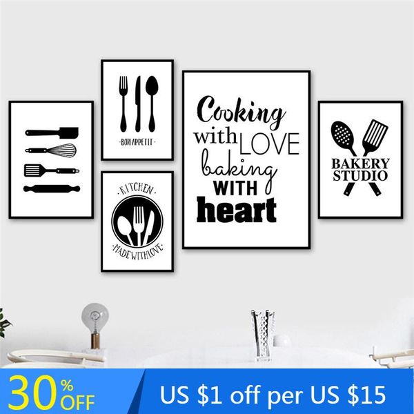 

paintings black white cooking with love kitchen quote wall art canvas decoration picture painting prints posters dining room