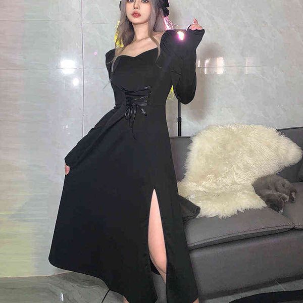 

vintage bodycon black dress women autumn slim square neck fashion female dress gothic elegant side split party club robe y1204, Black;gray