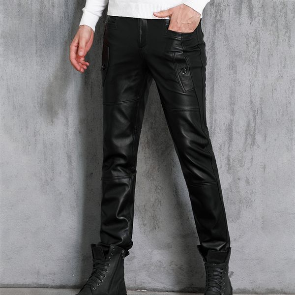 

2021 new men genuine leather men's winter slim sheep casual fashion motorcycle pants male locomotive trousers kn7p, Black
