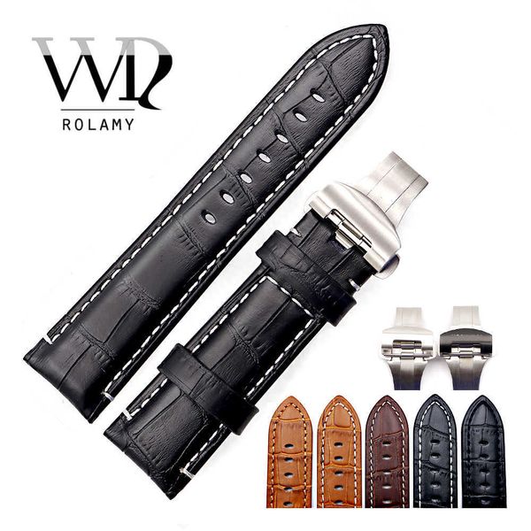 

rolamy 22 24mm watch band leather vintage black brown real calf crocodile grain thick strap belt silver black clasp for panerai h0915
