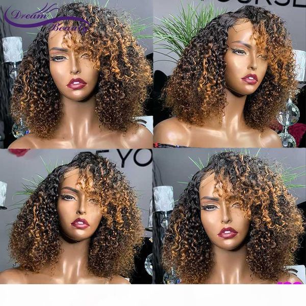 

13x4 honey blonde curly wig ombre highlight lace front human hair wigs remy peruvian lace frontal wig 180 density dream beauty, Black;brown