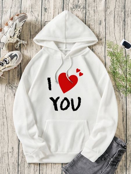 

heart & letter graphic drawstring thermal lined hoodie y5ke#, White;black