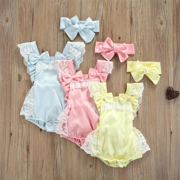 

clothing sets baby girls summer 2 piece set lace trimming square neck sleeveless jumpsuit with crotch buttons and headband for 0-18 months, White