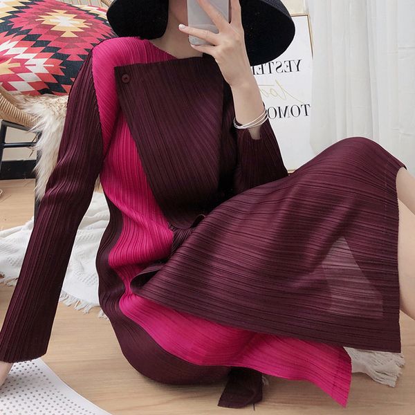 

2021 new pleated patchwork maxi es for women contrast stitching button two-piece plus size long sleeve split rs7c, Black;gray