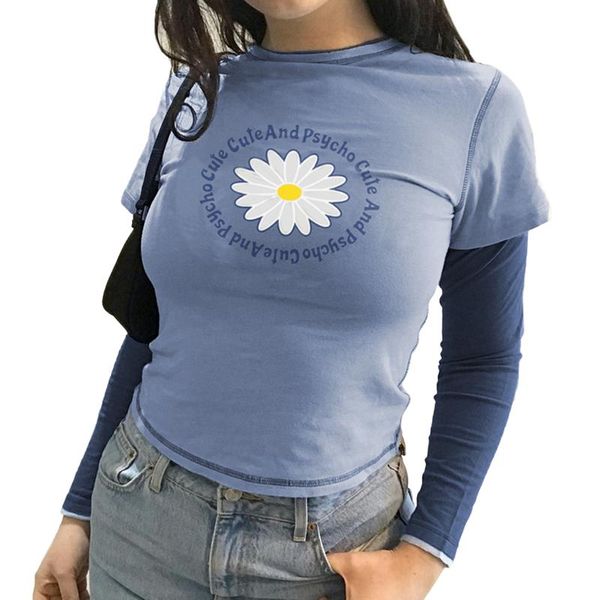 

women's t-shirt 2021 women casual long sleeve blue round collar letters and floral printed pattern fashion spring t-shirts, White