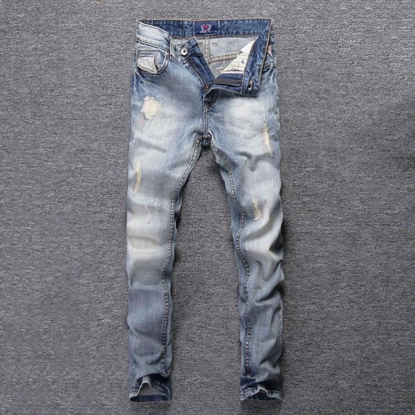 

men's jeans european street fashion men retro light blue slim fit ripped korean embroidery designer vintage denim pants