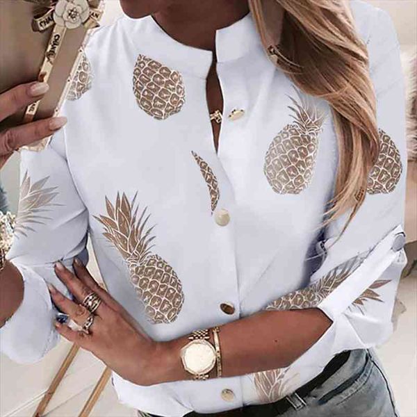 

spring fashion print pineapple women shirts round neck clothing long sleeves casual soft cozy female, White