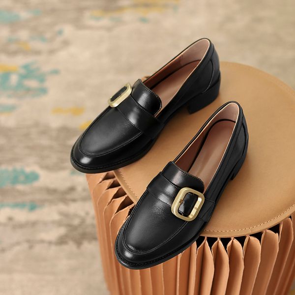 

Elegant Womens Loafers Genuine Leather Thick Botton Round Toe Shoes Woman Heels 2021 Spring Working Basic Casual Shoes Woman, Apricot