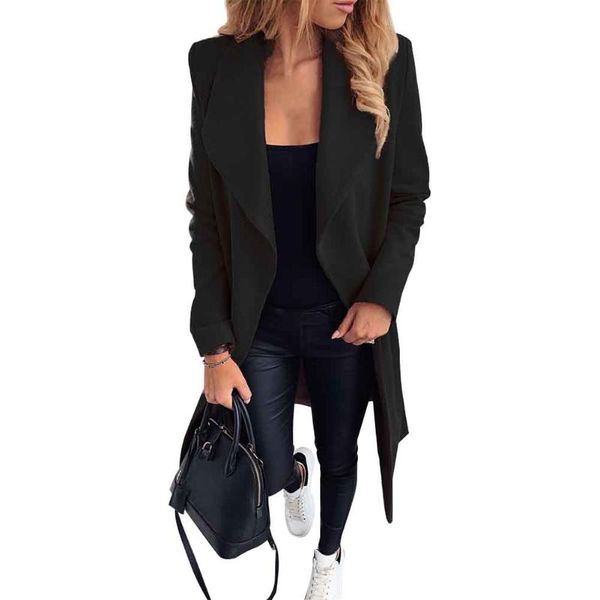 

women's wool & blends fashion women coat mid-length long sleeve streetwear with waist belt casual lapel neck autumn winter solid office, Black