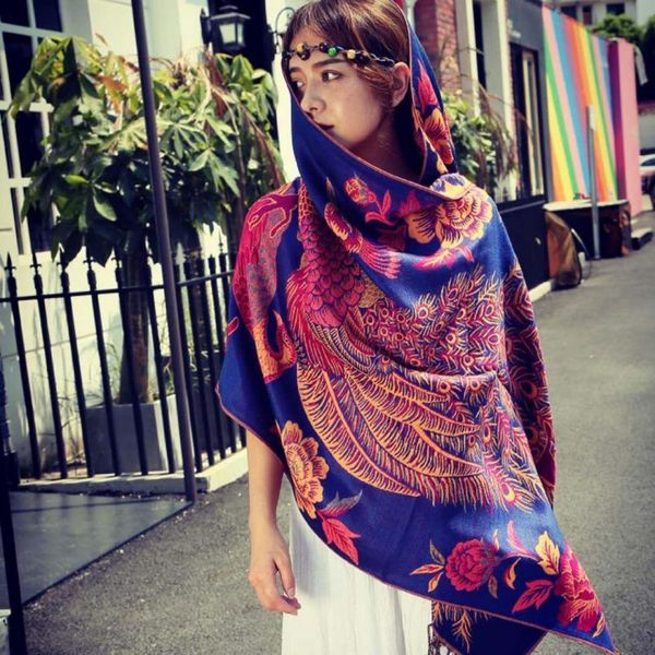 

scarves autumn winter echarpes peacock wrap ethnic scarf women's air conditioning shawl thick cotton foulard gift cape with tassels, Blue;gray
