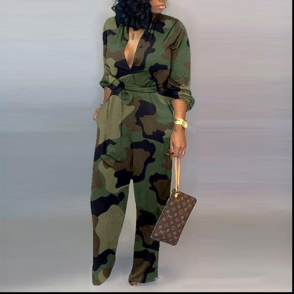 

new trendy women camouflage printed plus size long sleeve bodycon jumpsuits casual wrap belt button down female overall, Black;white
