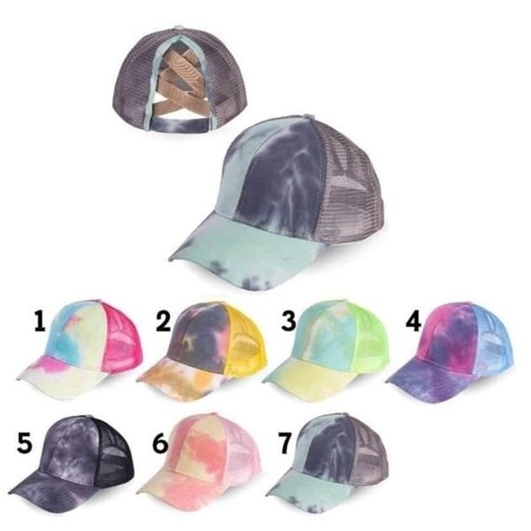 

criss cross tie dye mesh cap hats ponycap messy bun ponytail ball hat adjustable snapback gradient patchwork baseball cap sport visor h2307, Yellow