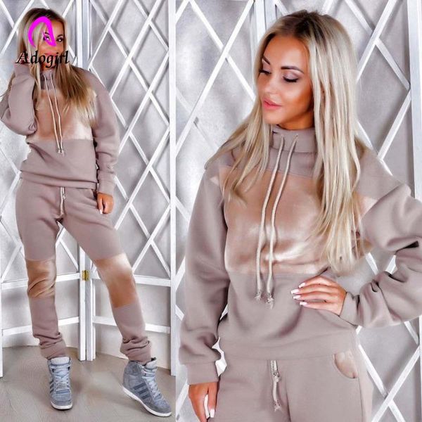 

two piece dress fitness autumn winter women velvet warm tracksuit set thicken hooded sweatshirt + trousers 2 joggings sportwear, White