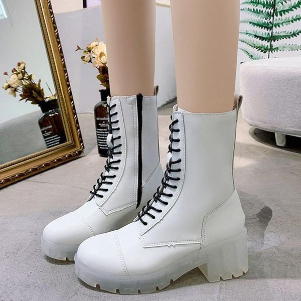 

boots white waterproof leather ankle for women autumn fashion lace up square heels shoes woman outdoor platform botas, Black