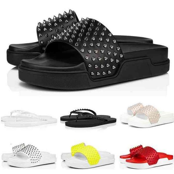 

bottom red slippers studded spikes flip flops men women sandals summer beach platform slipper designer casual shoes, Black