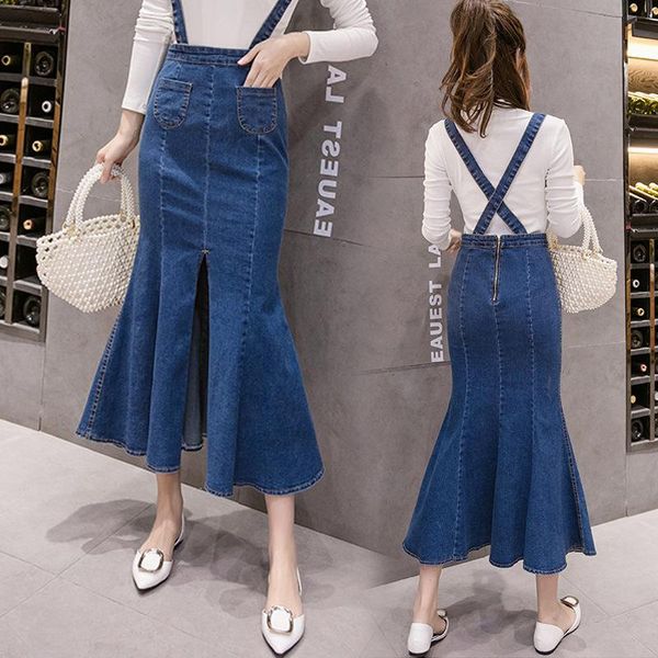 

fashion slim dark blue denim fishtail skirt mid-length slit spring autumn women's high waist strap long jeans saias jupe y1481, Black