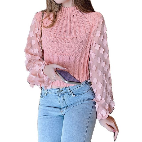 

spring appliques lantern sleeve blouses solid elegant knitted cropped blouse for women clothing 0kuq, White