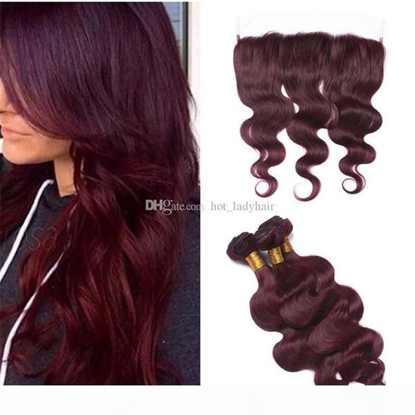 

body wave wavy indian burgundy virgin hair 3 bundles with lace frontal closure wine red 99j human hair weave with full lace frontal, Black;brown