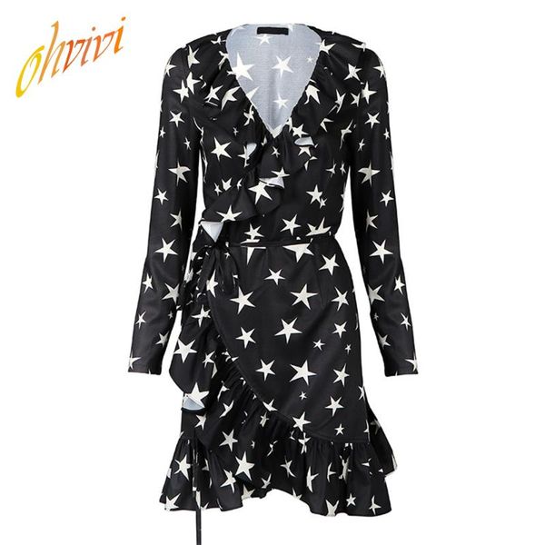 

casual dresses 2021 sale black color with white star printing v neck ruffled classic block mid length dress waist belt, Black;gray