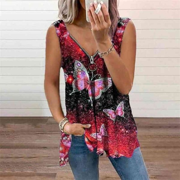 

plus size women fashion v-neck zipper loose t-shirt vest summer sleeveless female 210705, White