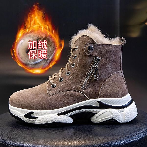 

boots woman shoes high heels platform cowhide real wool winter leather ankle with thick soles round head flat velvet, Black