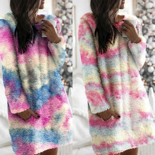 

casual dresses women long sleeve plush tie-dye printing mid-waist o-neck one-pieces loose dress homewear for fall winter, Black;gray