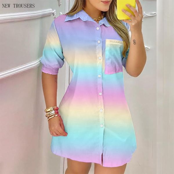

party dresses summer women's dress 2021 casual pocket buttons tie-dye collision color short-sleeved shirt slim elegant, White;black