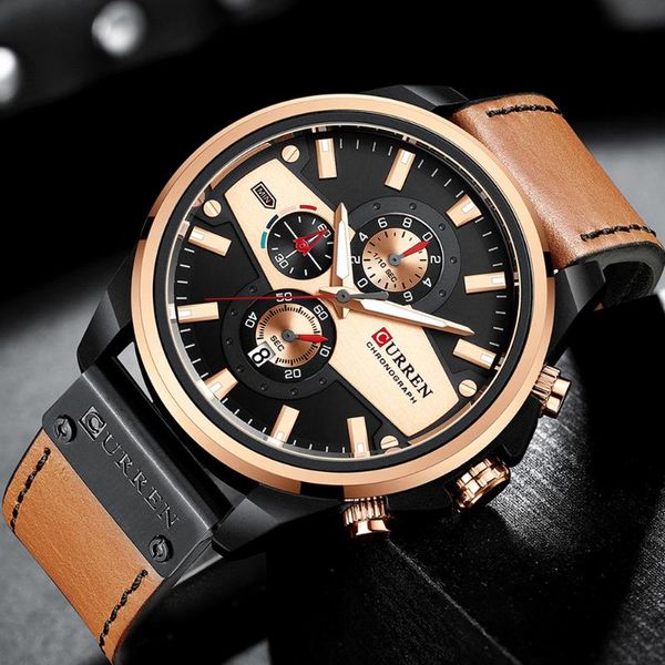 

wristwatches curren casual sport men's watch fashion leather clock for male chronograph quartz watches, Slivery;brown