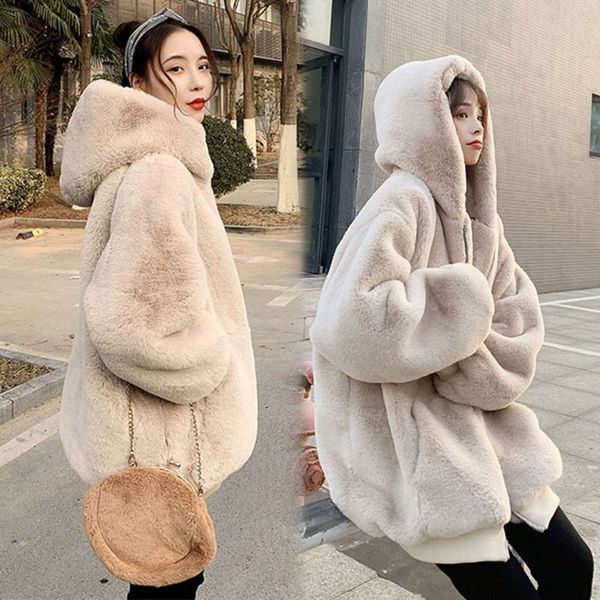 

korean loose plush women's winter rex rabbit fur grass medium long 2020 new thickened hooded coat, Black