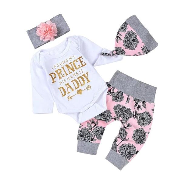 

clothing sets baby girl born kids girls outfits clothes romper bodysuit+flower printed pants+headband+hat set2021 arrive, White