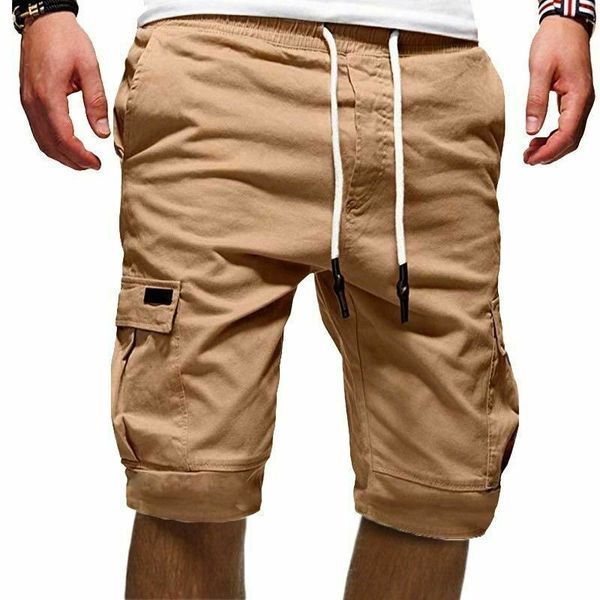 

men summer cargo shorts solid pockets elastic waist straight loose sport gym knee length trousers male streetwear kg-66, White;black