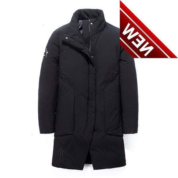 

2021 winter new men white duck down stand collar jacket business fashion embroidery thicken warm long parka and coats male, Black